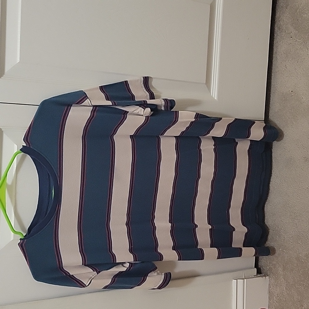 Mens MD striped green, cream, red, and black t shirt